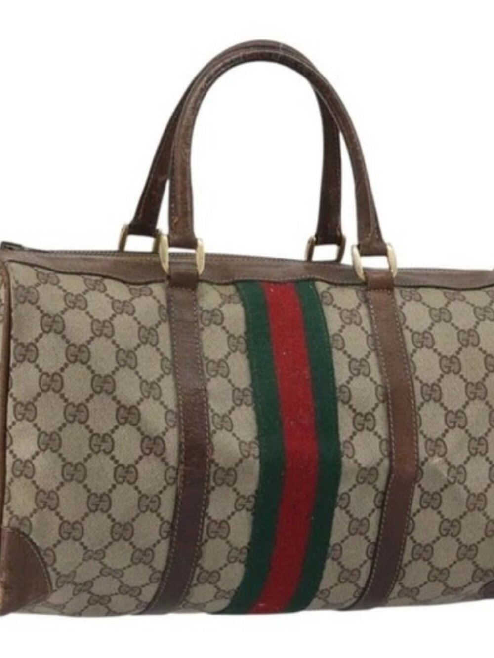 GUCCI GG Supreme Web Sherry Line Hand Bag PVC Beige Gold Auth 187823